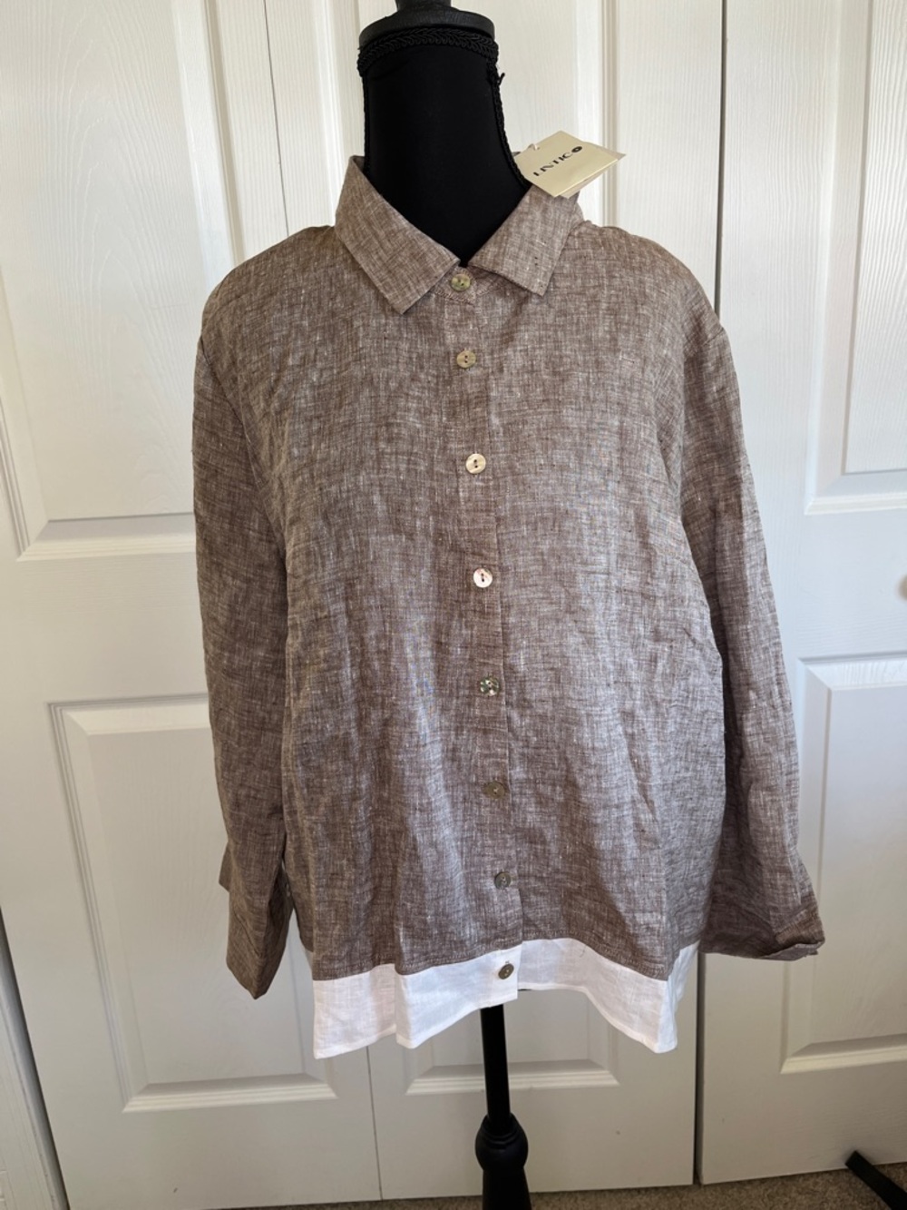 Lintico Janice Color Block Long-Sleeve Button-Up Linen Shirt Mushroom XL NWT